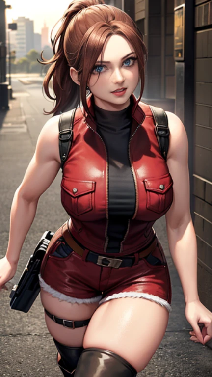1 rapariga， solo， Ada Wong in Resident Evil 4 Remake， short detailed hair， brunette color hair， Red cheongsam， huge breasts, plump body, sexy body, Short-sleeved shirt， Nero， nedium breasts， upper limbs， hindquarters， Black heels， Adriana's face， Find your audience， sly smile， A pistol was hung on her waist， best qualtiy， hight resolution：1.2， 18th century village in the background， Shadowing， Nightmare， rays of moonlight， Upper body photography， Low camera angle、depth of fields、center focused