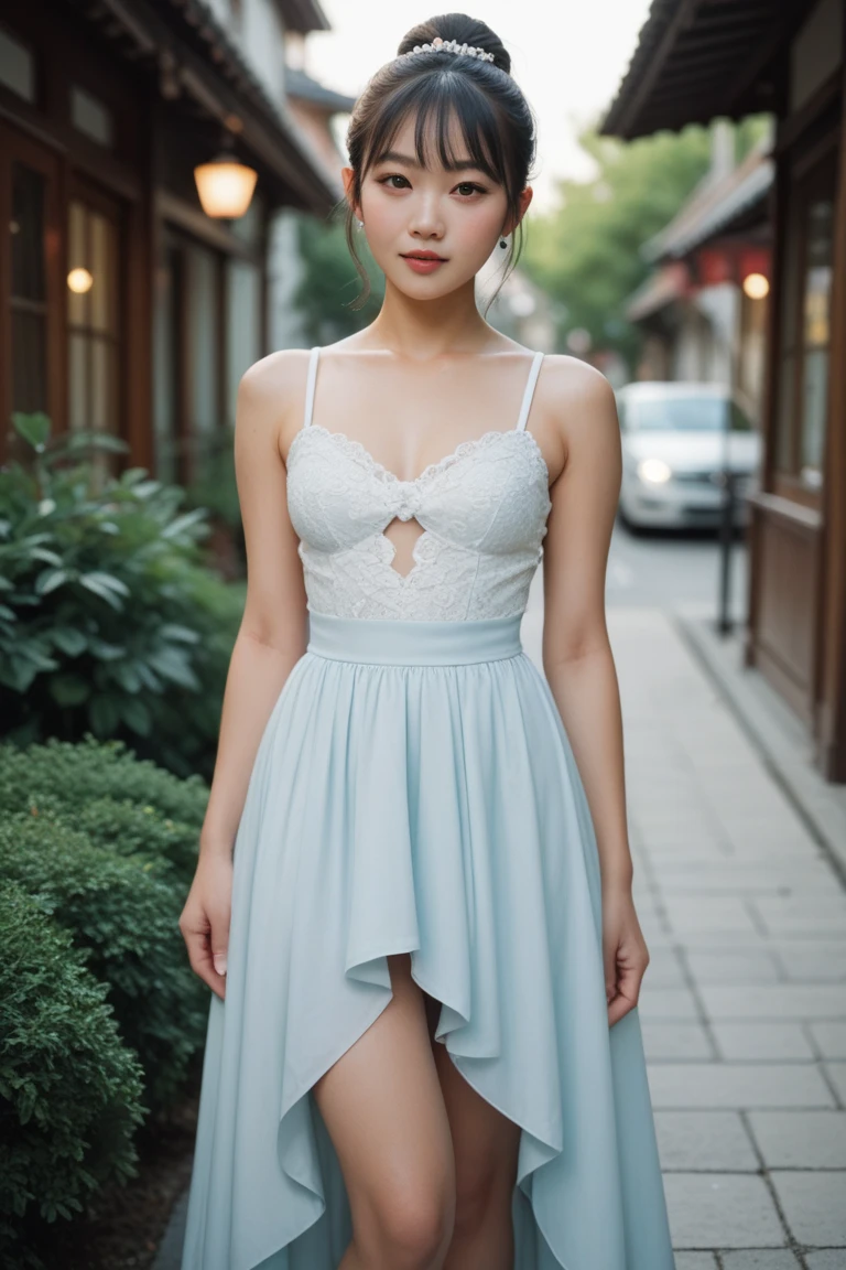 warm smile (red lips), golden long hair,blue eyes,blue dress,white stockings,jewelry necklace, pale girl, thick legs, walking, in a garden full of roses
