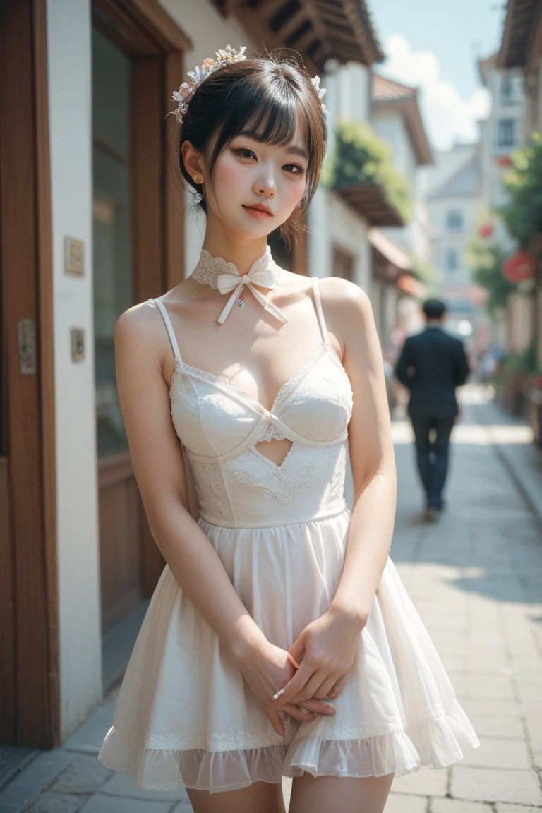((Best of the highest quality, 8k, Masterpiece: 1.3, raw photo)), Sharp focus: 1.2, (1 AESPA girl: 1.1), (Solo: 1.18), (realistic, photo-realistic:1.37), face focus, cute face, (Small breasts, flat chest, Thigh: 1.3), short messy hair, updo, (Neat chiffon dress: 1.3), standing, airport, terminal