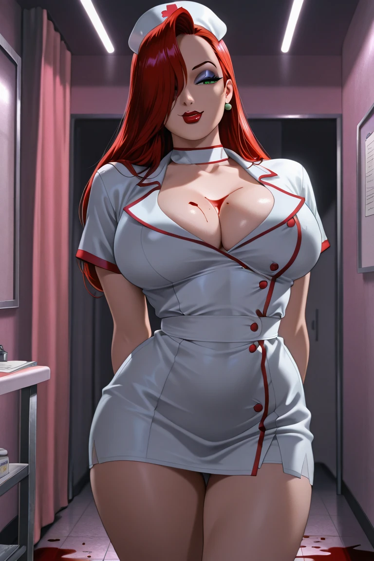 Super-detailed, 8k HD, 3d art style, Assumi, 1 girl, solo, mature, beautiful and detailed face, detailed hand, red hair, green eye, slender hips, thick thighs, huge and droopy breast, huge round ass, nurse outfit and mini skirt, fishnet thigh high stocking, standing by the reception desk
