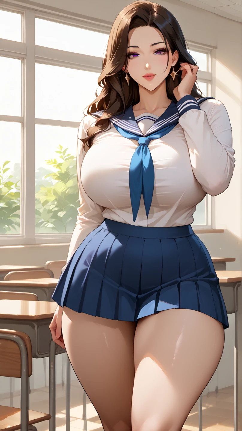 ((Scandinavian mature woman)), ((sensual body, thick, very beautiful woman, hourglass illustration, big breasts, huge , big ass)),((Dignified woman))(Shiny long hair, wavy), (cute eyes, pale alabaster skin), ((camel toe)), (Detailed and thick), ((perfect woman image)), ((Huge breasts that are about to burst、Giga Breast、saggy breasts)), Chubby, thick waist, soft belly. masterpiece, highest quality, ((detailed fingers)),((1 person)), 8K quality, very delicate and beautiful, Official art with attention to detail, (highly detailed hands), digital art, hyper details, top fade, (beautiful and detailed eyes, beautiful detailed lips, highly detailed eyes and face, eyelash length), ((sensual curves,Leaning forward,Show me your cleavage,smile, Very sexy)), (thigh gap, camel toe, pubic hair, vulva) voluptuous physique that accentuates her hourglass illustration. Emphasizes plump breasts and bulges, prominent butt cheeks, (with school in the background),maintain an attractive aura. she has a bewitching presence, Her body decorated with a unique blend of abstract and realistic designs. (looking at the viewer),((High school sailor suit:1.3)),(Pretz miniskirt:1.3)
