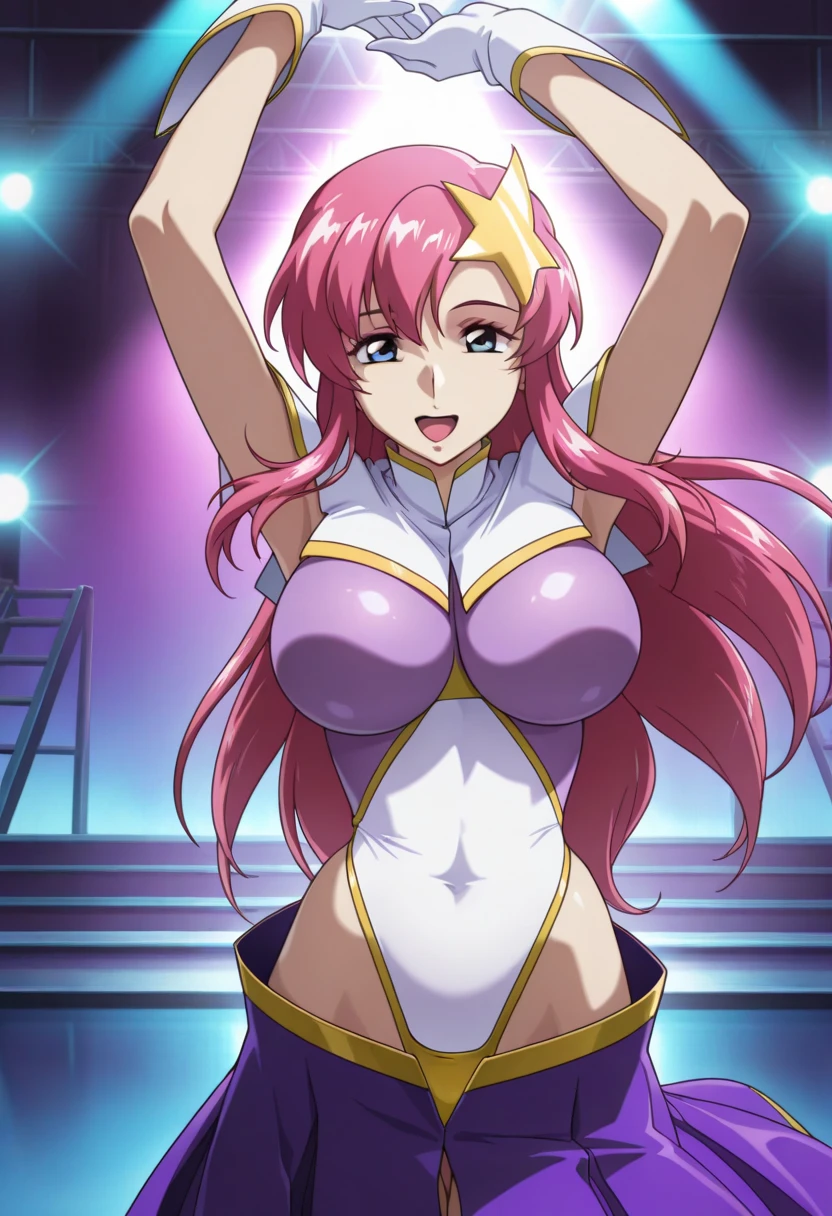(masutepiece, 4K, Best Quality, Anime style: 1.9, bold drawing lines, High color saturation, Space background, Detailed face, tall, Adult Woman, lovely,  Drawing lines, hight resolution, Anime, lacus4. (white micro bikini)), 1girl in, Solo, curvy figure, Long hair, 鎖骨, scapular, Wavy Hair, Detailed wide hair bangs, Hair Ornament, Detailed reddish-pink hair, large hands, Big blue eyes, (medium breasts), Smile, open mouth very much, very slim belly, Dancing, Very happy, elbow pad, closed fists, white gloves