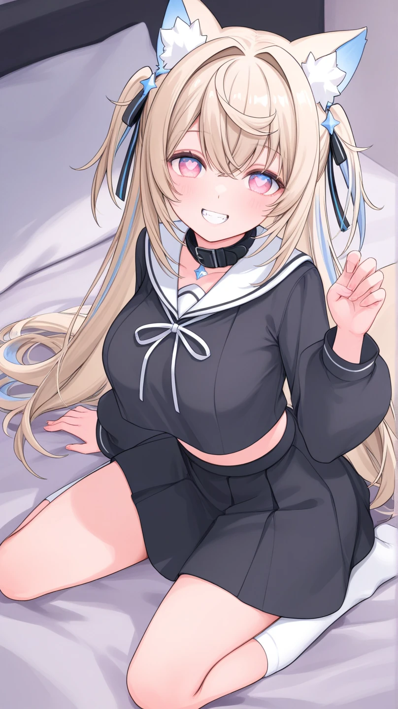 masterpiece, best quality, ultra detailed,,1girl, blush, sweat,  hair ribbon, long hair,  twin tails, ((school swimsuit)), pantyhose, slender, lie on bed, spread legs