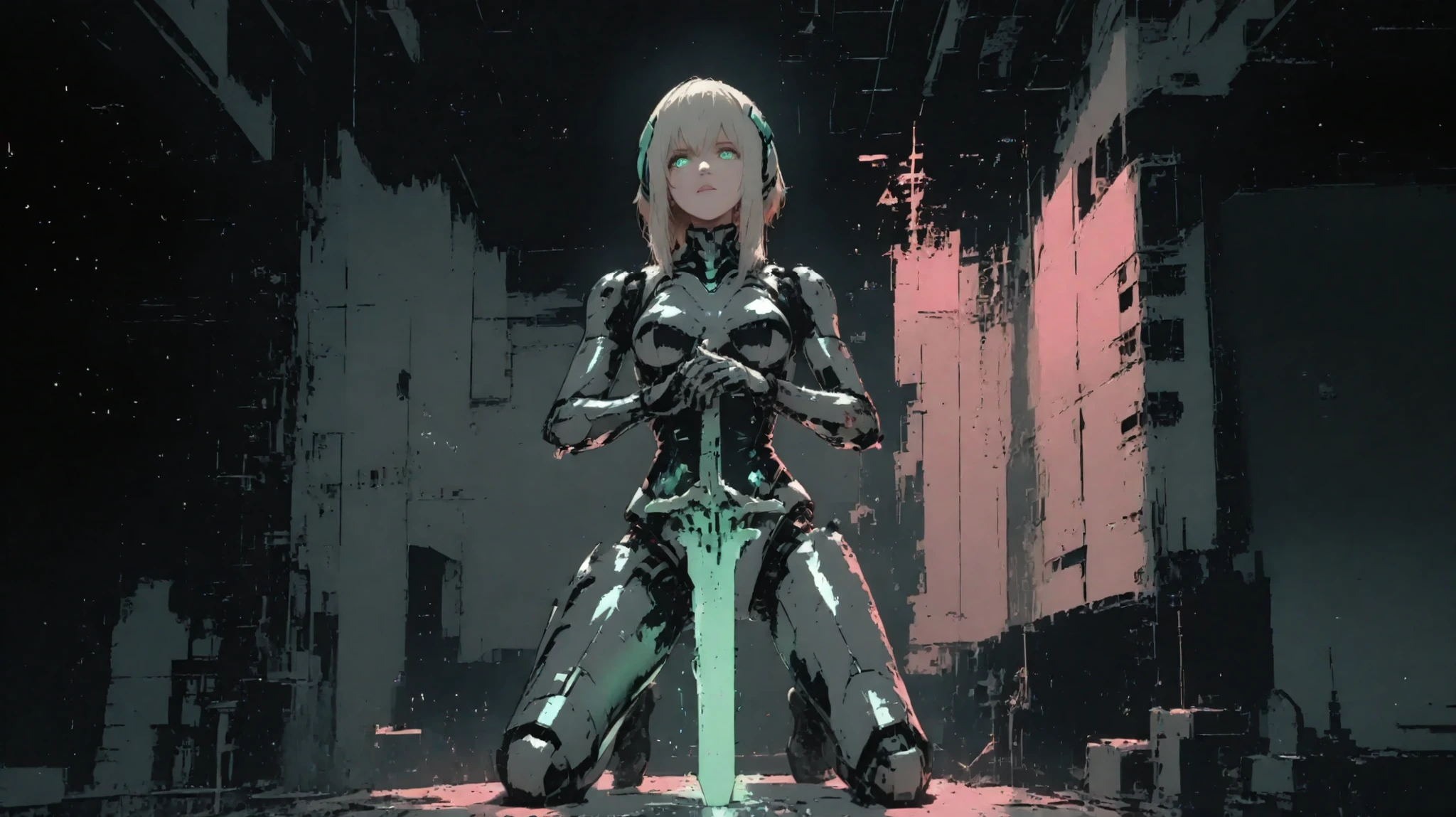A futuristic and fantastical female android with a glossy, reflective black body made of a fluid-like metallic substance, kneeling in a dark void. She has pale platinum-blonde hair, glowing green eyes, and a serene yet determined expression. She holds an enormous, glowing, crystalline sword vertically in front of her, the hilt adorned with ornate gold and emerald-like inlays. The sword emits a radiant pinkish light, casting soft illumination across her reflective surface. Her mechanical design includes elegant and subtle circuit-like patterns embedded into her body, and a glowing green core embedded in her chest. The overall composition is cinematic and ethereal, with ambient sparkles and faint symbols floating around her in the darkness.((faded background, room wall silhouette, faded in distance, dark theme, )),