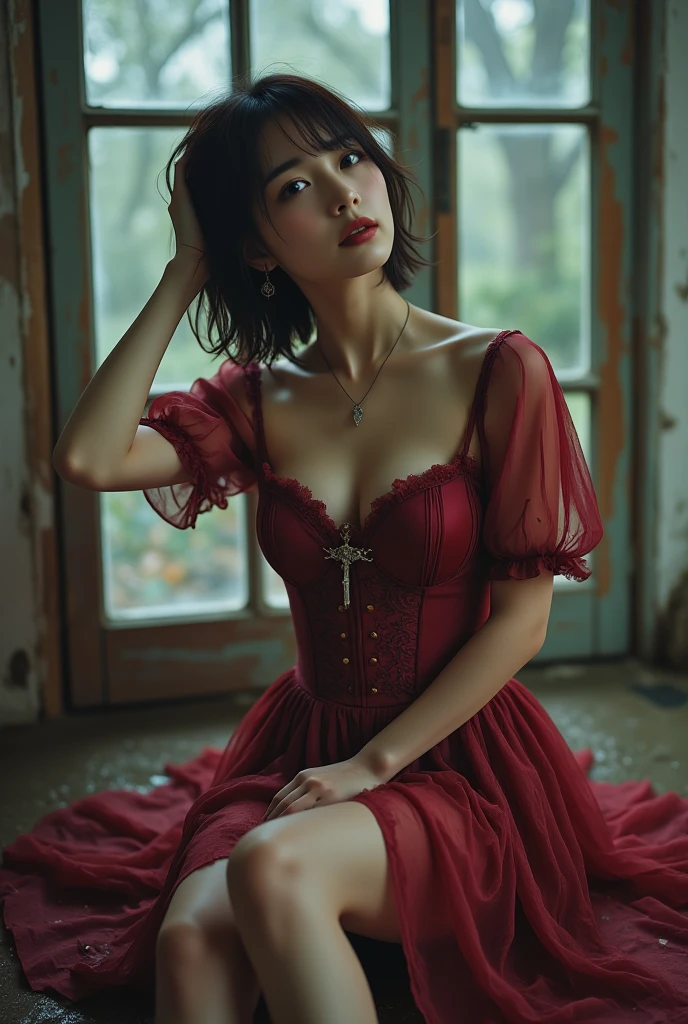 Victorian lady sitting, monotone, over her head view, Sitting with hugging her knees, zoom, wearing red victorian dress, front view, big chest, hugging her knees, revealing her nipples, sucking on something 