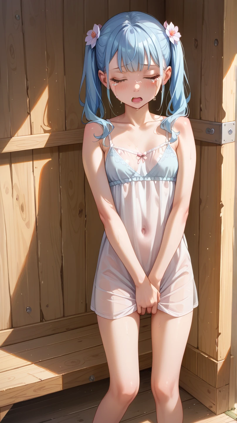 ((best quality)), ((masterpiece)), (detailed), 1girl, off-shoulder, (little chest),(big forhead:1.2),(beautiful big eyes:1.3),extremely detailed cute anime face, (((flat chest))),(flat chest:1.1),((((long twin braids,tight braids,long braid,braided hair,long hime cut,colored inner hair)))),intricate eyes,beautiful detailed eyes,symmetrical eyes,((((lustrous skin:1.5,bright skin: 1.5,shiny skin,very shiny skin,shiny body,Reflective skin)))),(((detailed face))),beautiful detailed lips,(nsfw)), ((loincloth upskirt)),(loin cloth clothes, upskirt, downblouse),(clothing made of leaves and flowers),((wet clothes,)), dynamic pose,looking at viewer, (((embarrassed))),(horrified expression),highres,(best quality),(ultra detailed,extremely detailed),perfect face details, ((masterpiece:1.4, best quality))+, (ultra detailed)+, long twintails, cute girl, (flat chest:1.1), NSFW, small breasts, prominent collarbones, skinny arms, flat stomach, visible hip bones, long hair, red hair, white hair, blonde hair, dark hair, ponytail, thick ponytail, heavy ponytail, small breasts, NSFW, perfect face, NSFW, beautiful small breasts, small breasts, (flat chest:1.1)