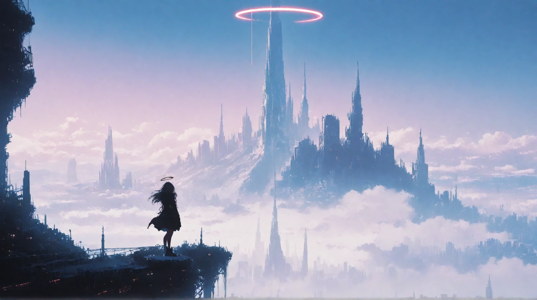 (masterpiece, best quality:1.2), 1girl, solo,mirage art, white theme, long hair, silor costume, black shoes,A lone traveler in dark clothing stands atop a rocky cliff, overlooking a vast, mist-covered futuristic megacity. The cityscape features towering skyscrapers of sleek, angular design that pierce through dense layers of clouds. acting as a focal point amidst the monumental skyline. Subtle lights flicker across the city, rendered in cool blues, whites, and soft violet hues. Suspended above the city is a translucent, halo-like structure, suggesting alien technology or a digital construct. The atmosphere is ethereal and expansive, evoking themes of isolation, awe, and exploration. The composition is highly vertical, emphasizing the scale and depth of the scene.

