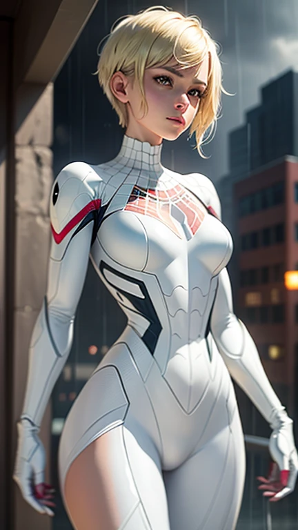 18 yo girl, white spider man suit, short blunt hair, blonde, beautiful face, rain, roof, masterpiece, intricate detail, perfect anatomy