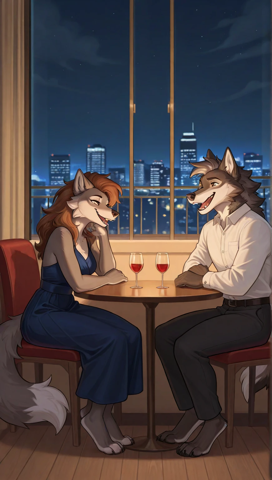 high resolution, (uploaded to e621.net), (masterpiece:1.4), (60 years old fox woman), (couple, duo, male and female:1.3), gilf, dilf, white hair, orange fur, high detail eyes, (casual clothes:1.2), cleavage, (cafe), detailed backround, (huge breasts), (nipple outline:0.85), seated, bench, by darkgem, by meesh, by boosterpang, by zaush,