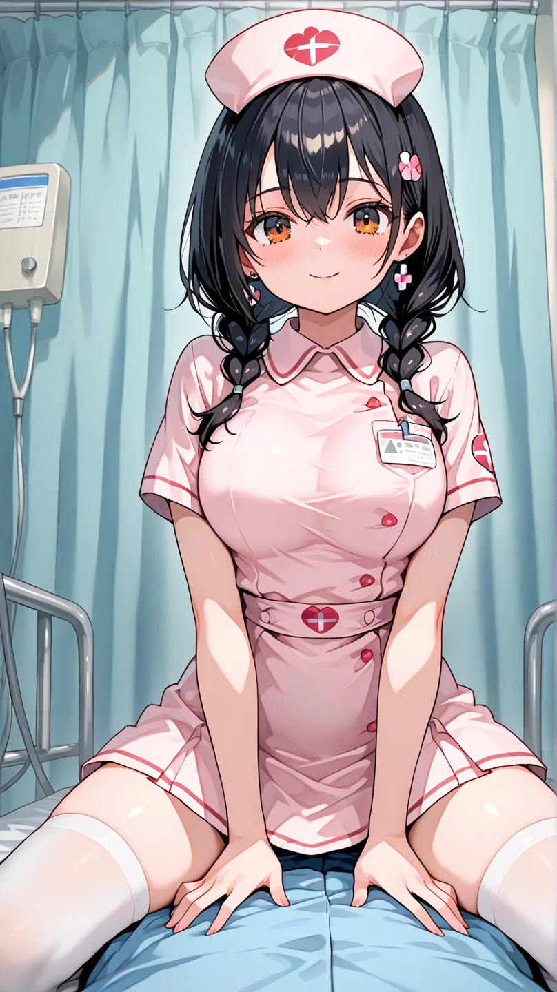 1girl, solo, nurse, nurse cap, white wear, ((white legwear, zettai ryouiki)), white gloves, pink hair, drooping eyes, ((covered nose)), standing, ((hospital room)), sharp outline, short sleeves, best quality, masterpiece,Fleshy,Brown eyes,Fleshy,Black hair,happy,lol,Heart,red waistband,Black clothes,