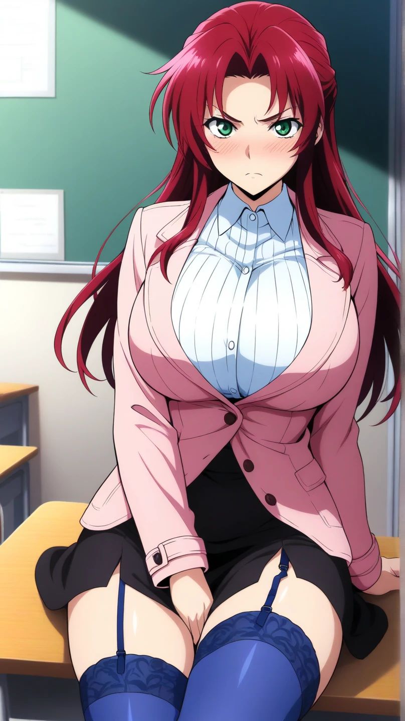 score_9, score_8_up,   pretty girl .  red hair .    long hair  .   milf  .   white blouse  .  pencil skirt   .   purple stockings   .   source_anime  Bibl3  .  in office  .  empty eyes   .  good eyes.  detailed .   pubic hair  .    crazed  face.  eye focus.  ????????????, blush     .   female teacher , lifting skirt, smile