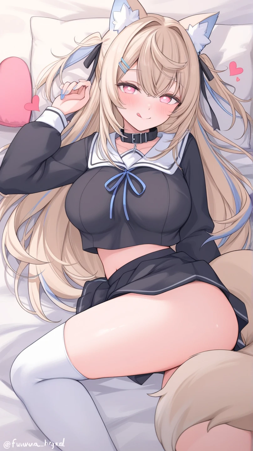 1girl, solo, full length, long hair, twintails, large breasts, looking at viewer, legs, hands, five fingers, bangs, smile, parted lips, heterochromia, red eyes, blue eyes, lying , arrogant smile, legs, stockings, indoors, on the bed, takes off one stocking, black blazer, white shirt, classic shirt, shirt under blazer, blue skirt, short skirt, pleated skirt, white stockings, crossing legs, large breasts, low twintails, best quality, detailed, bare shoulders, heterochromia, red eyes, blue eyes, bare hip, hands down to stockings, legs up,