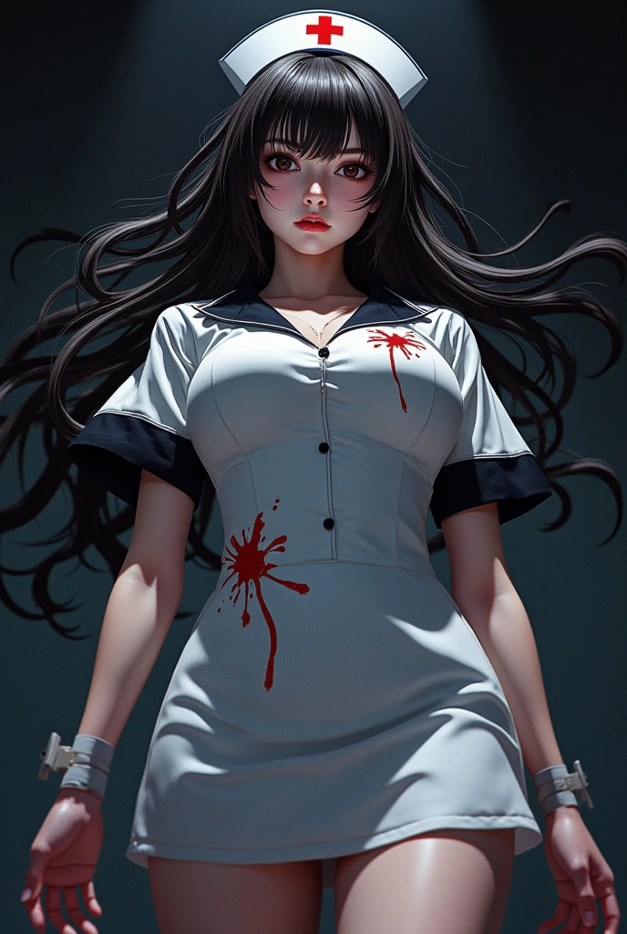(Masterpiece, Best quality, 1girll, standing, Black hair, straight bangs, Medium breasts, white apparel, Women's patient clothing, Long sleeves, blood stain, Intricate details, Perfect eyes, color difference), (ringed eyes), (interview:1.3), RAW photo, Crazy look, Girl looking in the mirror, Light smile, (Evil:1.2), Realistic style, (asylum), Abandoned, Dim lighting, Upper body, Long legs, Large hips, Dark background, (Blood:1.1)