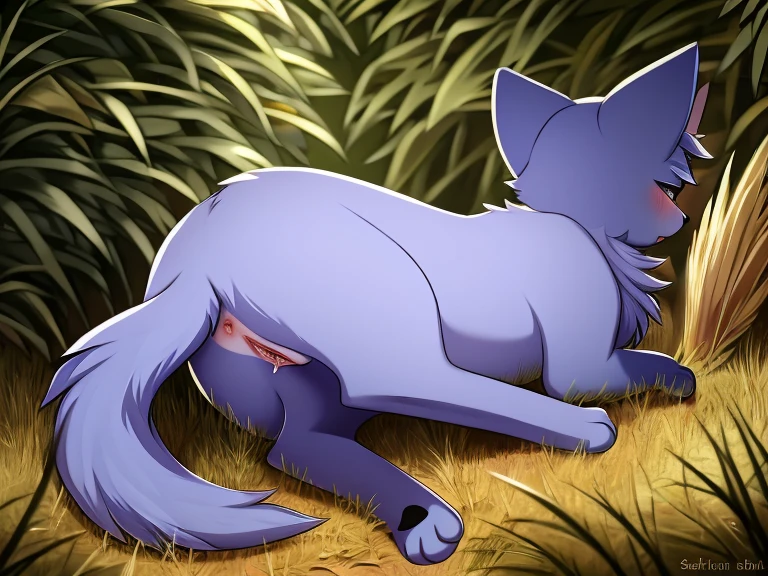 Solo, score_9,score_8_up,score_7_up, source_cartoon, kat, Anthro furry feline, female, tall slender body, blonde, long undercut hair, pink nose, blue eyes, white whiskers, hourglass figure, silver fur, grey stripes, furry body, naked, lying on a bedroll, indoors, in a tent, indoors, nighttime:1.5, legs together, ass focus, blushing, flustered expression, hand between legs, fingering over pussy, masturbating, barefoot, plantigrade feet paws 4 toes, pink paw pads, rear view, laying on her side, eyes half closed, looking away, ass and foot focus