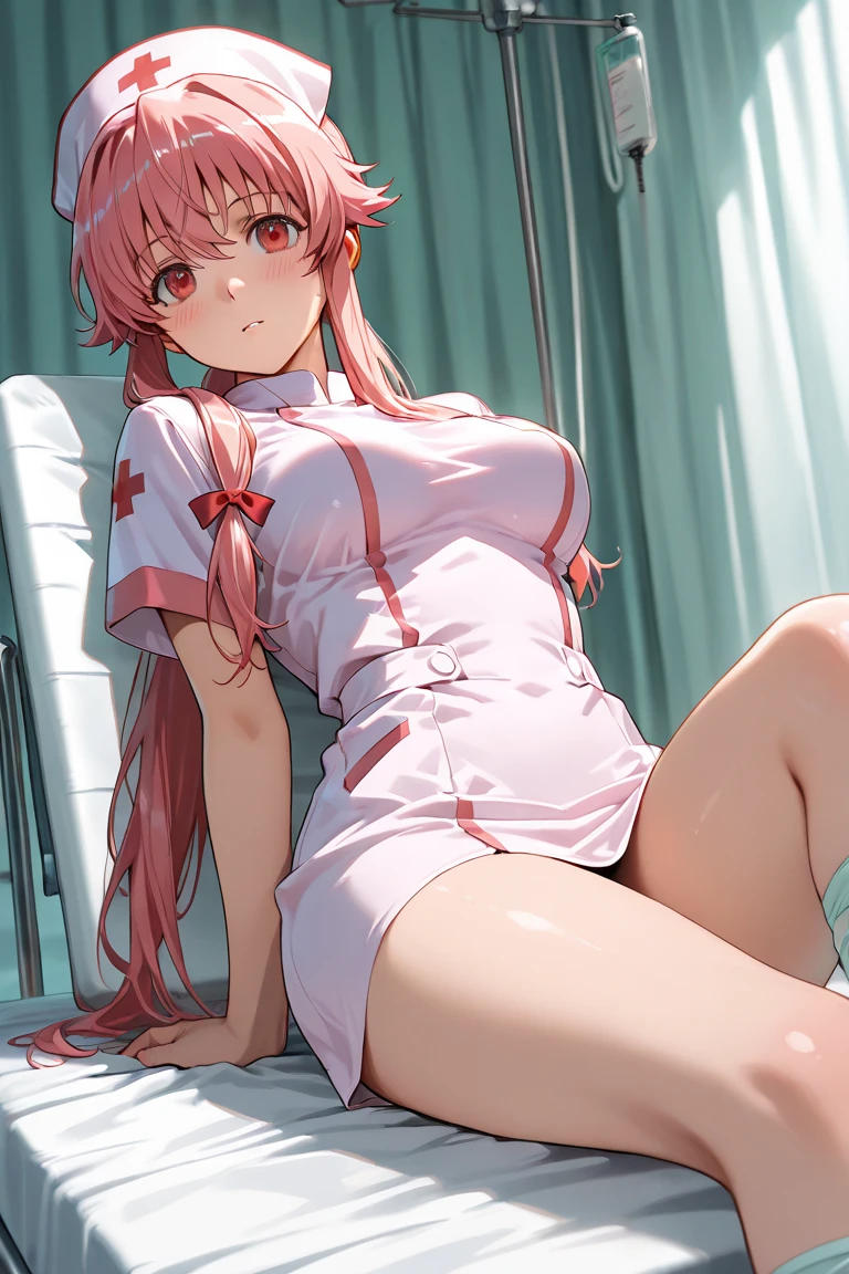 top-quality、The limbs are intact、Complete fingers、slim and beautiful、hair straight、red hair clothing、Beautiful big breasts,Breasts enlarged,Raised nipples,Lie down in bed,legs are open,The genitals are clearly visible,detailed descriptions,Extreme detail、(Skin is delicate and super shiny:1.1)、Oily thighs、(Lie down with your legs open:1.3)、((Perfect pink fishnet stockings,transparent panty))、nurse hat、Beautiful older sister、((hospitals))、Hospital beds,Place your hands behind your head,wears glasses,with her mouth open,Stick out her tongue,drools