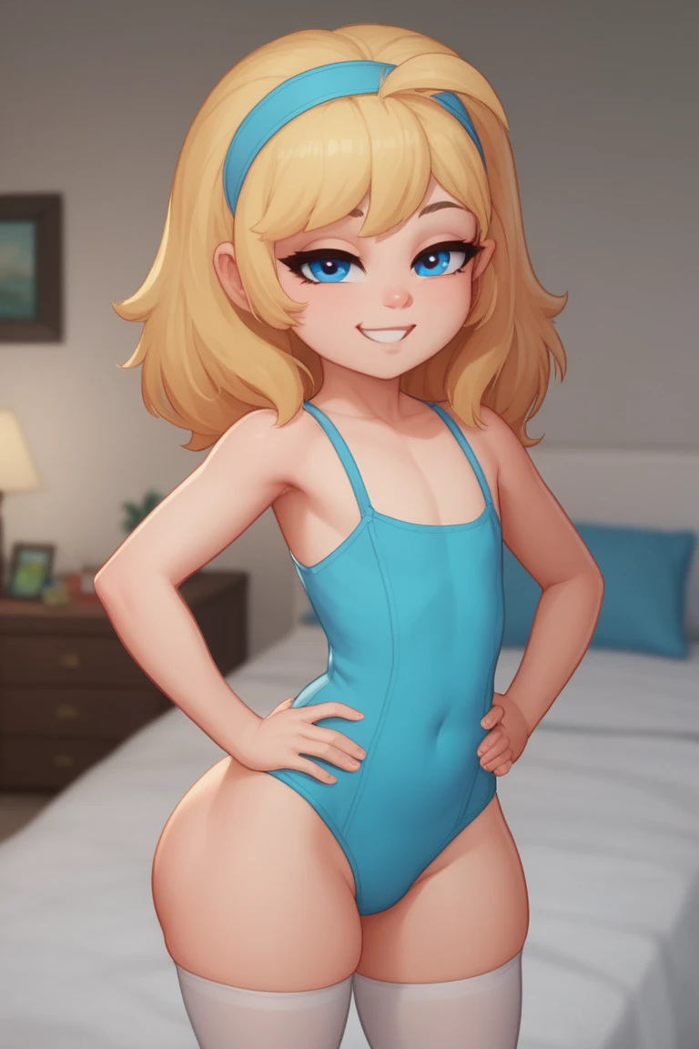 2 Female vet with short short hair and blue eyes, young looking, wearing tight leotard, laying on bed. 3d cartoon with accurate proportions, taking selfie