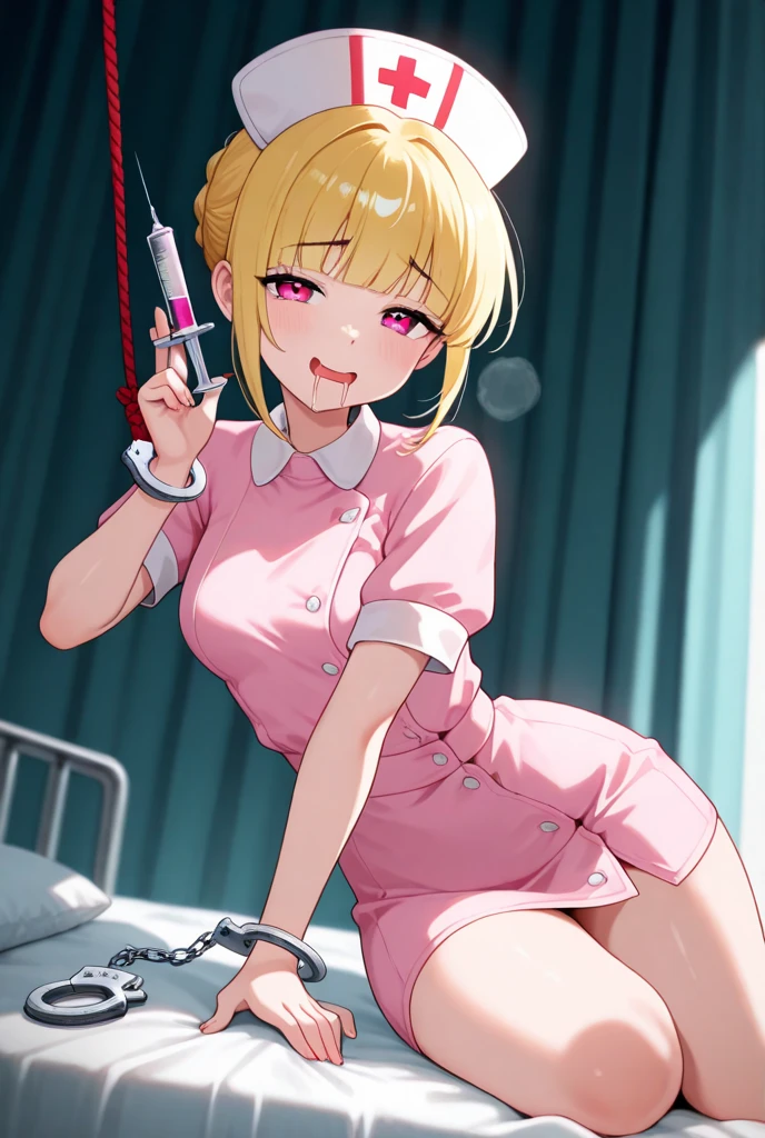 blush, cleavage,, blue eyes, red fingerless gloves,glowing aura, natural light, masterpiece, glossy skin, juicy lips ,short hair, cute, kawaii, adorable, reaching up, adult, cuddle, kawaii clothes,random hair style, random clothes, blonde hair, random pose, random background, random action, sexy, hot, nipple slip, full body, nurse uniform , juicy lips, holding syringe, hospital, grin, smirk, evil blood,knife