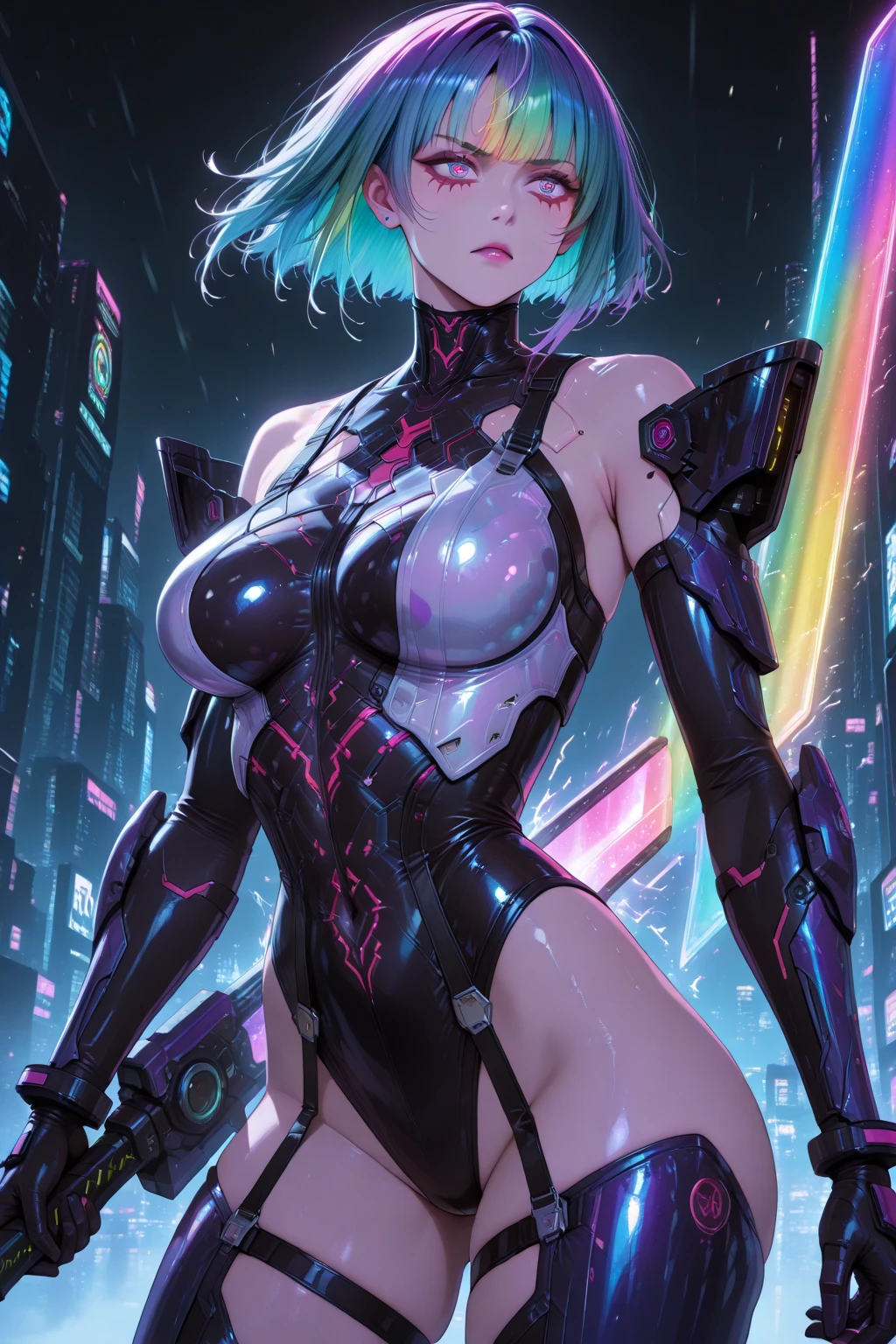 high resolution, Masterpiece artwork, best qualityer, 1 girl, Many tattoos, lying down, futuristic clothing, neon cyberpunk style, in the background cyberpunk city at night, finely detailed skin, Breasts huge, very muscular legs