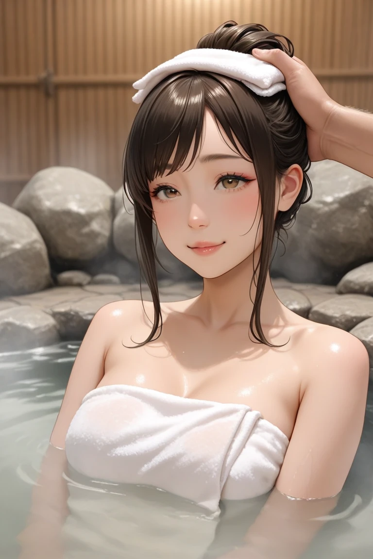 ((masterpiece)), ((very aesthetic)), ((best quality)), ((ultra-detailed)), ((photo realistic)), 18 years old, very beautiful, very cute, blown long hair, wave roll hair, bangs, long eyelashes, tear bags, smile, ((moist lips)), white shiny skin, drawing model, (((milky lotion body painting))), large japanese hot springs, sasakinozomi, onsen, night, steam, moon