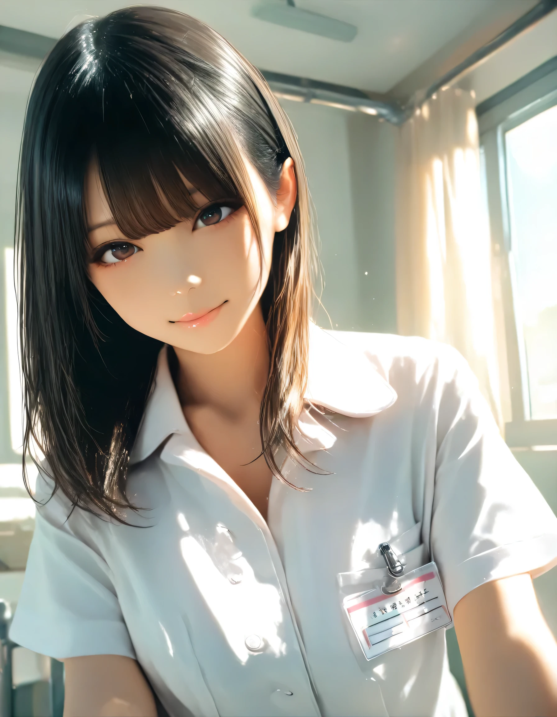 1girl, year 2019, upper body, early summer, hospital, nurse, masterpiece, high score, great score, absurdres, 16k, Ultra detailed, (photorealistic : 0.5)