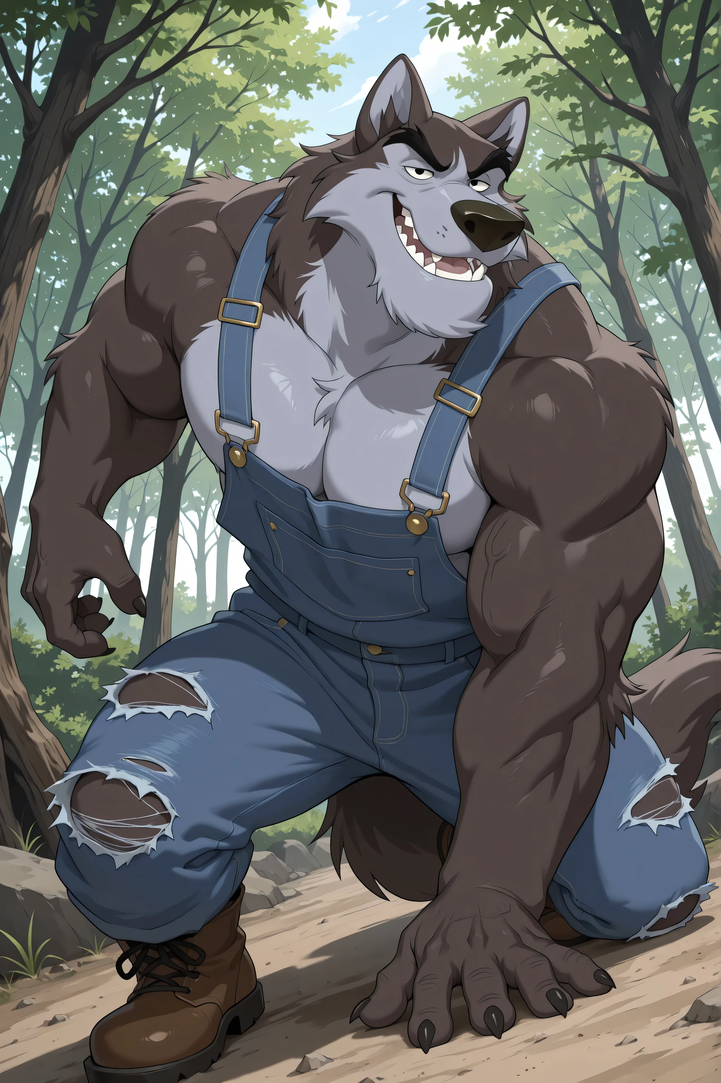 detailed background, detailed fur, cowboy shot, dynamic pose, dynamic angle, solo, 1boy, adult, Nukblto, wolf, anthromorphic, daddy body, mature, bara, naughty face, smug, bedroom eyes, ((very expressive)), muscular, blue overalls, boots, torn clothes, outdoors, forest, trees, sunny day, dirt, detailed forest, detailed scenery, detailed background, masterpiece, best quality, very aesthetic, newest, masterpiece, best quality, amazing quality, very aesthetic, absurdres, newest, high res, ultra detailed, best quality, best artwork, detailed eyes, (eyes focus), black eyes, perfect eyes, big iris, pupils visible, 4k, ultra quality, perfect face, absurdres,masterpiece,best quality,amazing