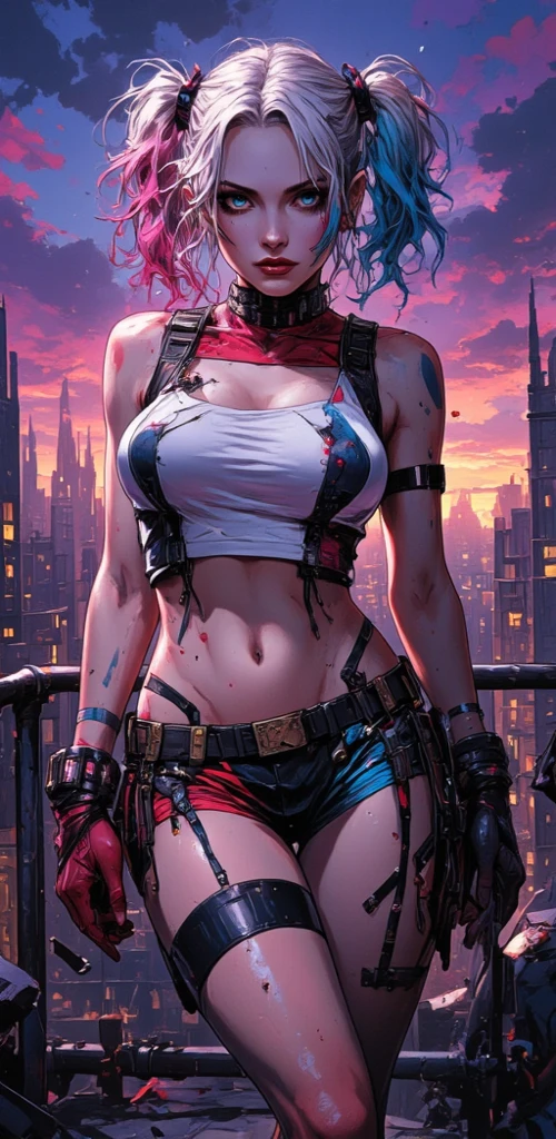 (masterpiece, best quality, ultra-detailed), Harley Quinn vertical crop from knees to head, standing with slight hip tilt, seductive curvy silhouette with large breasts, flawless pale skin, sultry confident expression with half-lidded eyes and playful smirk, platinum blonde hair with pink and blue tips styled loosely, wearing iconic outfit from recent movie: tight white cropped blouse slightly sheer, exposing toned midriff, and very short red and blue shorts with shiny texture, black fishnet stockings, black leather gloves, dynamic lighting emphasizing glossy textures and curves, background of Gotham City rooftop at dusk with spider-web patterned twilight sky, gothic buildings with glowing windows, cinematic shadows, ambient purple and orange sunset glow, floating dust particles.