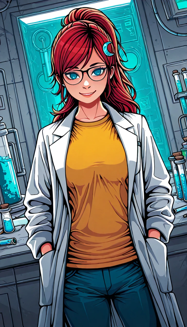 (1girl, Mary), (extremely detailed CG unit 8k wallpaper),(master part), (best quality), (ultra detail), (best illustration),(Dan Mumford Style), cowboy shot, dutch angle, standing, facing viewer, looking at viewer, perfect face, perfect eyes, perfect fingers, traditional media, indoors, Laboratory, test tubes, break , upper body, solo, smile, (Red hair, long hair, high ponytail , blue eyes,  glasses, blue pants , yellow t-shirt,  crescent hair ornament , lab coat, long sleeves, hands in pocket 