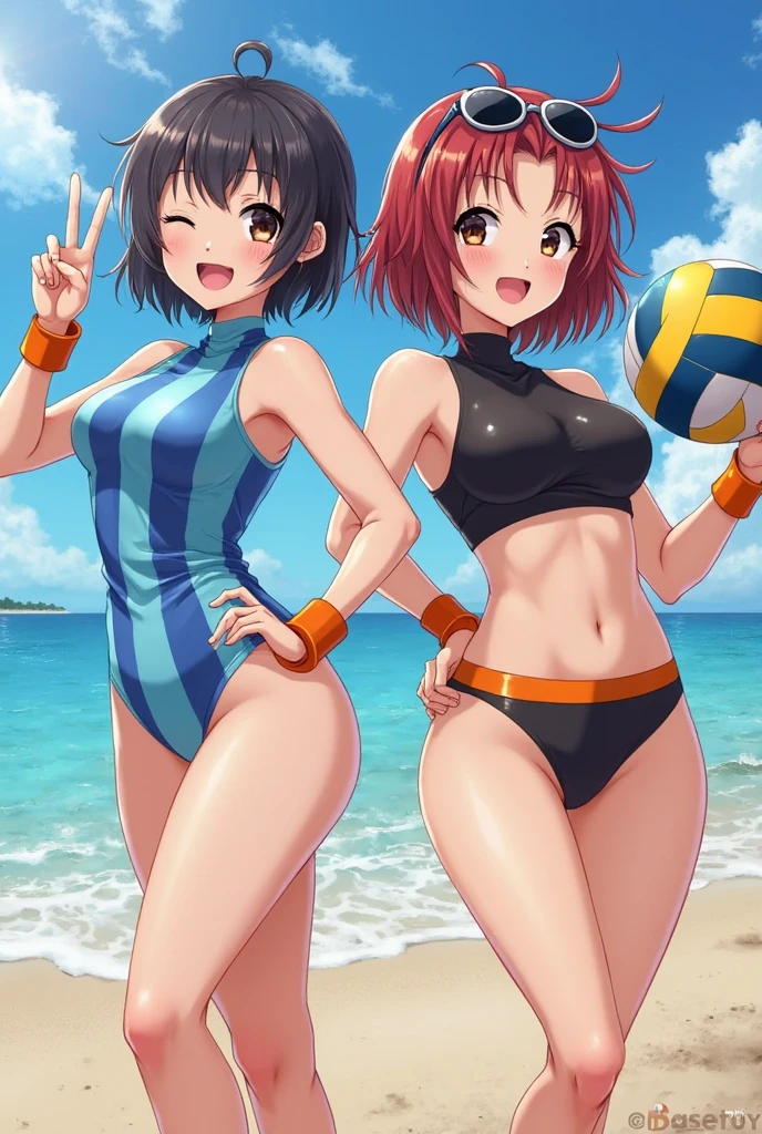 unity 8k wallpaper, anatomically correct, (((masterpiece))), (((best quality))), (((ultra detailed))), (((high-resolution))), ((super fine illustration)), detailed beautiful face, BREAK, ((2girls)), ((couple)), cheek-to-cheek, ((yuri)), 18 years old, ((potbelly)), (curvy), medium breasts, ((Thick thighs)), shiny hair, ((evil smile)), (((smirk))), ((blush)), BREAK, (((sports bikini))), swim wear, (beach volleyball uniform), ((wrist bands)), ((kneepads)), two female beach volleyball players, BREAK, ((hold the Beautiful spherical shape 6” volleyball)), stylish pose, ((sweat)), (perspired), (heavy breathing), sense of depth, ((in beach volleyball court)), from below, ((looking at viewers)), cowboy shot, couple focus
