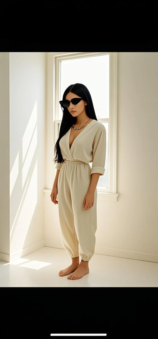 Riley Reid A structured jumpsuit with espadrilles and a scarf, Escort, Average Height, Narrow , Diamond-Shaped Face, Dark Skin, Brunette Hair, grey-blue Eyes, Straight Nose, Thin Lips, Receding Chin, Long Hair, Wavy Hair, Ballerina Bun, round , Threader earrings, pink matte lipstick