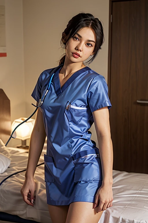 ((masterpiece, best quality)), beautiful 40-year-old Pakistani woman (Chloe Grace Moretz:Milla Jovovich:0.5), (brown-black hair, bob hairstyle, square face), (medium breasts), (strong athletic body), (natural skin), legs, (tight nurse uniform:1.3), cleavage, (seductive expression:1.2), jewelry, dynamic, various poses, hospital ward background, (UHD, 8K wallpaper, High resolution), Cinematic lighting, award-winning, extremely detailed skin, extra detailed face, high detail eyes, photo-realistic, Zeiss 85 mm F/1.4, by Ellen von Unwerth