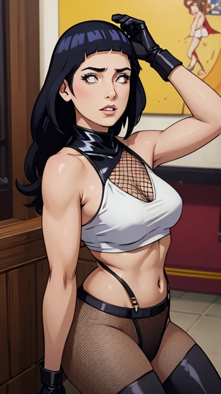masterpiece, best quality, highres, videl2, solo, blue eyes, black hair, twintails, black gloves, bike_shorts, bangs, white shirt, badge, medium breasts, cowboy shot, frown, hand on hip, leaning forward, pointing at viewer,