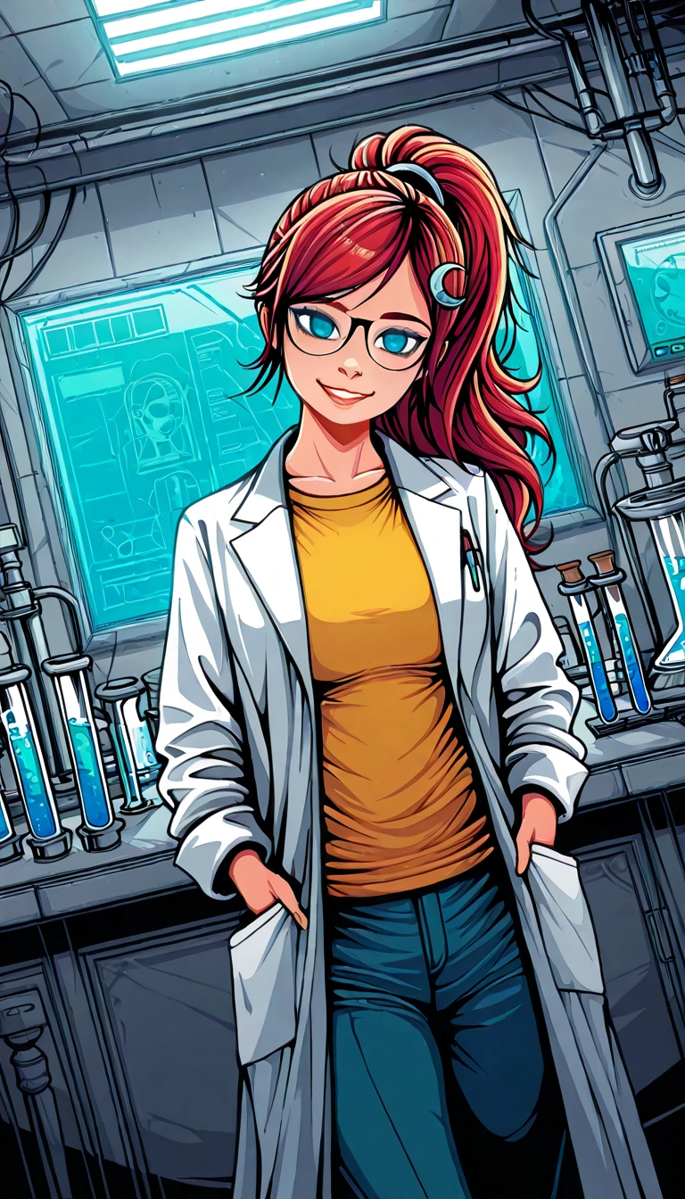 (1girl, Mary), (extremely detailed CG unit 8k wallpaper),(master part), (best quality), (ultra detail), (best illustration),(Dan Mumford Style), cowboy shot, dutch angle, standing, facing viewer, looking at viewer, perfect face, perfect eyes, perfect fingers, traditional media, indoors, Laboratory, test tubes, break , upper body, solo, smile, (Red hair, long hair, high ponytail , blue eyes,  glasses, blue pants , yellow t-shirt,  crescent hair ornament , lab coat, long sleeves, hands in pocket 