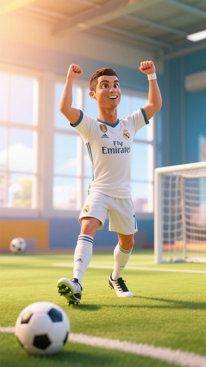 best quality,8k,highres,masterpiece:1.2),ultra-detailed,(realistic,photorealistic,photo-realistic:1.37), pelo rubio un poco largo real madrid disney style,chibi,full body,playing soccer,smiling,unreal engine,detailed,Ultra High Definition,8k pelo rubio un poco largo real madrid