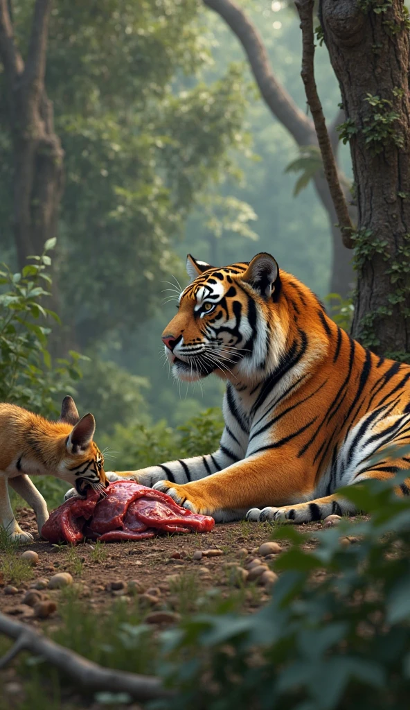 সুন্দর অরণ্যের ভিতরে পড়ে থাকা একটি মাত্র হাতির রক্তাক্ত মৃতদেহর মাংস ছিঁড়ে খাচ্ছে একটি সুন্দর চিতাবাঘ কিছু দুরে বসে আছে একটি সুন্দর লাল শিয়াল