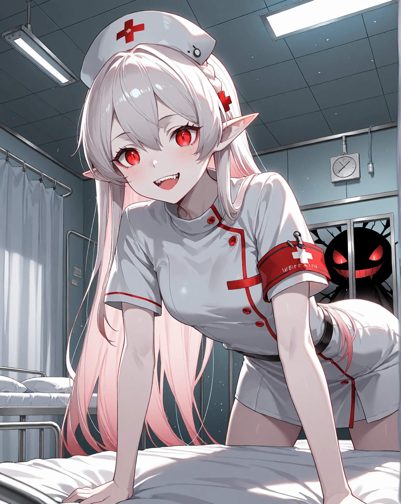 elf, pink hair, pointy ears, blue eyes, medium hair, choker, , twintails, white skin,
BREAK
flat chest, (nurse:1.5, nurse cap:1.2), thighhighs, garter straps,
BREAK
happy, grin, blush cheeks, breath, sweat, saliva,
BREAK
sitting, cowgirl position, straddings, girls on top, (vaginal sex:1.5), on bed,