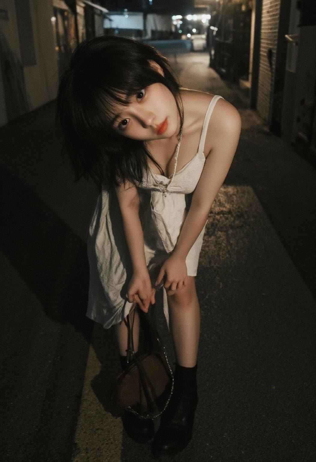 (msterpiece:1.3), (8k, RAW photo, best quality: 1.4), beautiful face, beautiful hairstyle, beautiful detailed eyes, beautiful skin, absurdres, attractive, ultra high res, highly detailed,NSFW, 1 girl in abandoned underground basement, big breast,facial close up,necklace,arms behind back,evil smile,knife,light long hair, ultra detailed skin,Heavy makeup, flower hairpin, naked,colorful patterned lace dress, dirty ground,on a rock,bondage,dirty rock,half body,spread legs, exposed pussy,