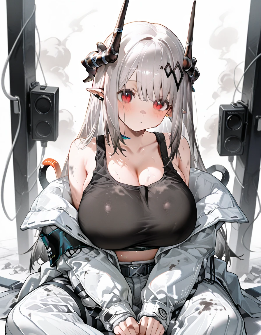 score_9,score_8_up,score_7_up,1girl,mudrock (arknights),dirty,feet,gloves,helmet,horns,soles,red eyes,barefoot,pointy ears,breasts,solo,long hair,white hair,black gloves,toes,hardhat,foot focus,looking at viewer,sitting,sweat,parted lips,dirty feet,holding,outdoors,sky,bangs,oripathy lesion (arknights),day,smile,blush,demon horns,infection monitor (arknights),foreshortening, nude, nsfw, (huge nipples), huge breast