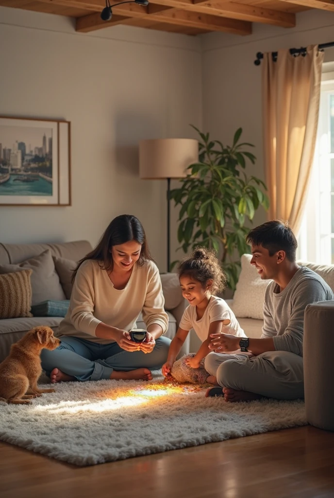 generate image of a young happy couple in their early 30's who have just moved into their new home which is designed by my interior design company. Couple is sitting on couch in their living room and their young girl and boy ??? playing with dog near couch. Couple is Indian couple , living hall interior is modern contemporary with few indoor plants. Couple is dressed in smart western casuals like jeans and t-shirt. Picture is taken from little back so that more of their newly decorated in living hall is visible and few unopened cartons to represent that they just moved in and not completely done with unpacking.