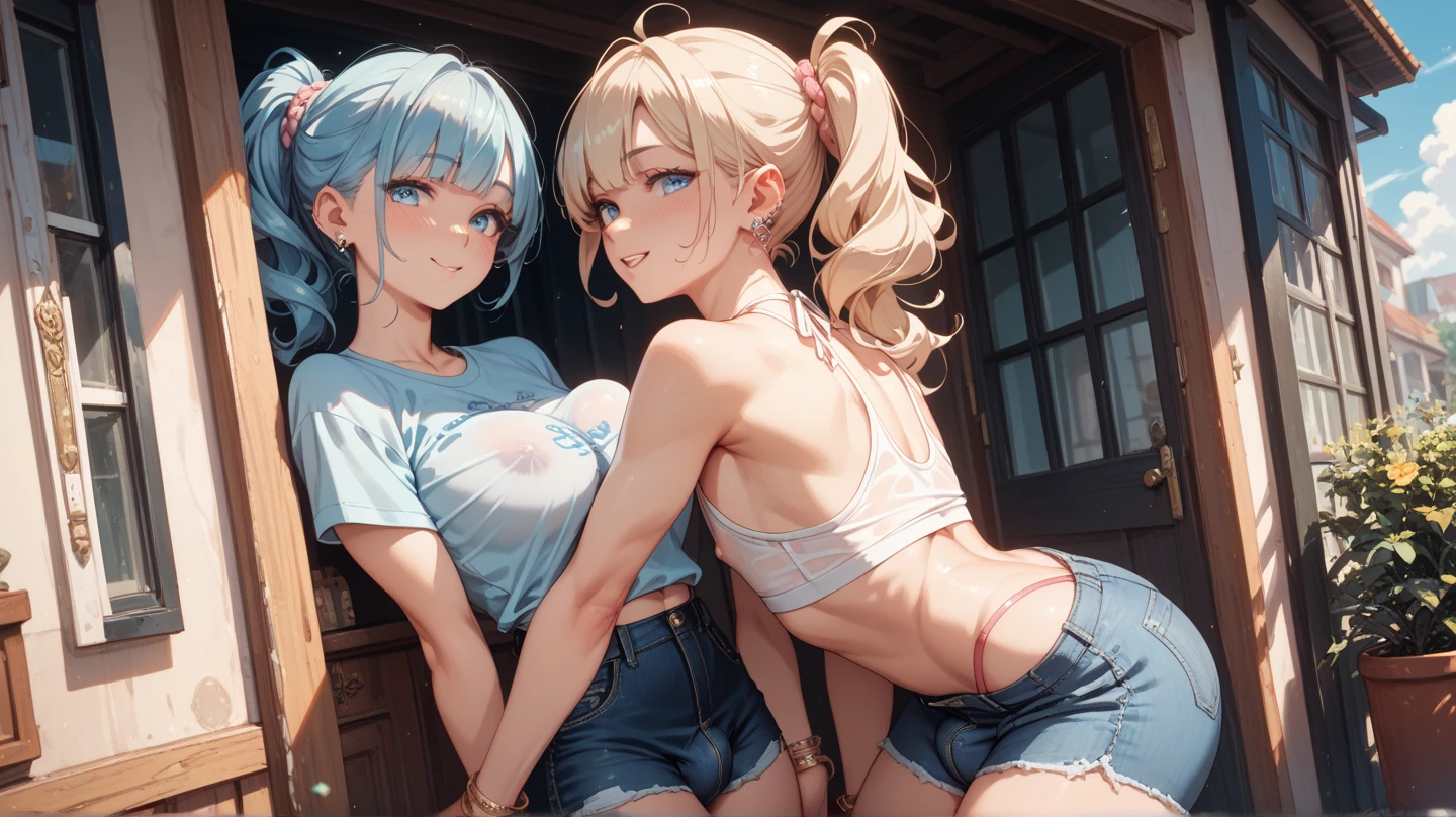 (((ass pov,1 boy, penis, )))、(highest quality)), ((masterpiece)), (family friendly), Perfect Face,Shiny skin,Beautiful breasts,red eyes,Shiny skin、Sunburned skin、Sweat、Off the shoulder、(((Young)))、Big Breasts,(((Milking)))、(((2girls,Breast Matching)))、Breastfeeding、1boy,penis,(((handjob)))、bitch、penis Handjob licking、(((Breast milk,cum)))、Subjective、projectile cum、cum on body , (((cum on breast)))、short hair、(((Short Bob)))、Cat ear、Double teeth、(((Sky blue and white hair)))、(((Red hairpin)))、Golden Eyes、Sunburned skin、night、 、Belly button、cyber punk、Prone、{school uniform,Short sleeve shirt,break,(Checked skirt:1.2),