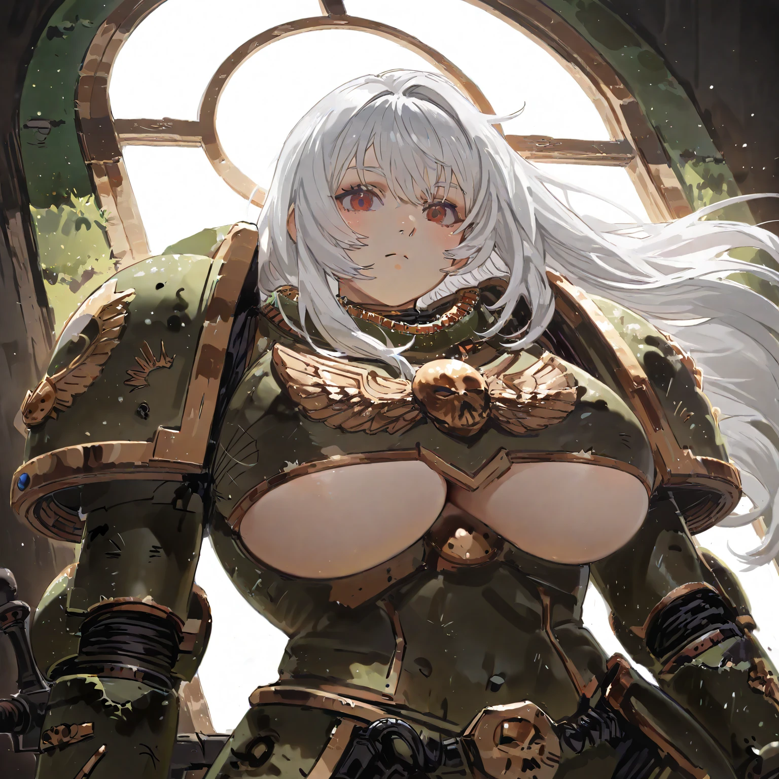 Copper bikini armor, copper crown, bare belly, big breasts, green hair, red eyes, bikini armor, copper, technology, scientist 