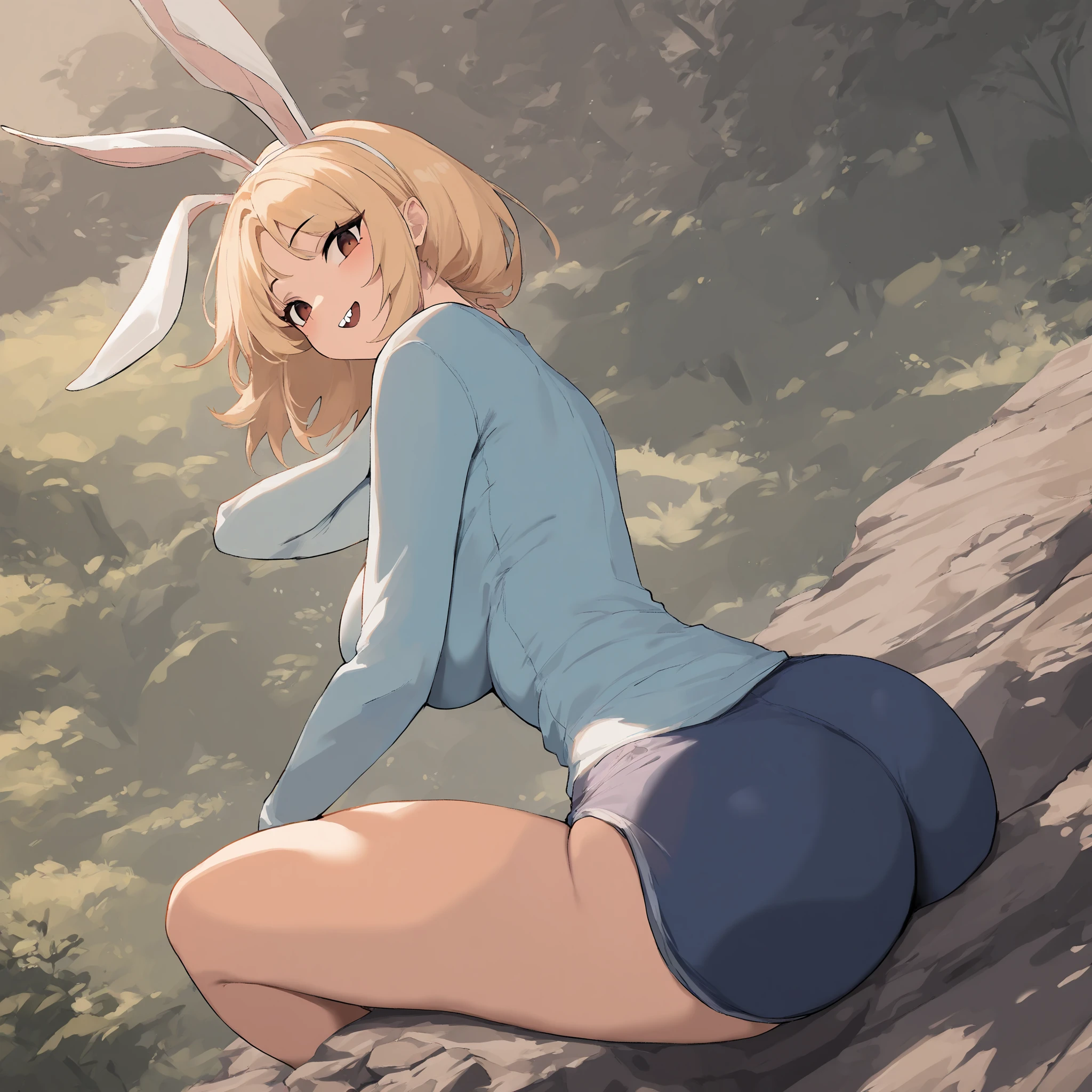 beautiful and detailed portrait 1 solo, (((female))) female anthro-fox, kenket, Ross Tran,Ruan Jia, ((fox ears)),((fox tail)),((orange skin)),((cute)),large breasts, cleavage,((long blonde hair)) leaning forward, arousal, rear vision, ((green eyes)), (((average ass)), (((large curved thighs)), sexy smile facial expression, background of a grove, very detailed, attention to detail,  hi res, high resolution, (( sun hat)), (( short white dress )))), (((lacy white panties)))), ((((high lacy white socks)))), (((tail should be shown)))
