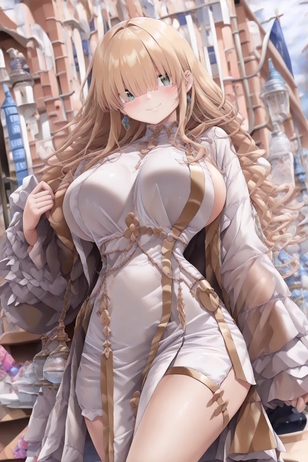 A woman with big ，(Gorgeous woman)，ahegao，Gorgeous Rococo dance dress，Long blond hair，Delicate accessories，Protruding lower chest，(transparent)，((See-through clothes))，(Blush:1.2)，Smooth legs，on the street，