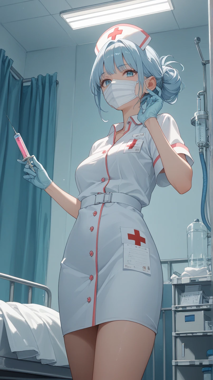 1womanl, Nurse, Nurse Cap, Whiteware, ((White legwear, zettai ryouiki)), White Gloves, eye glasses, blue hairs, ((White surgical mask, Cover the nose)), Standing, ((Hospital room)), sharp outline, Short sleeves, a matural female, 35 year old, Best Quality, masutepiece