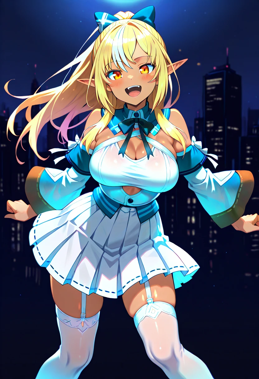 highest quality,wonderful,finely,extremely detailed CG Unity 8K wallpaper, (girls, cute eyes, (Belial:1.1), clothed), (sparkling eyes:1.2), (skinny body:1.1), (huge breasts), (open mouth:1.1), (outstretched legs:1.1), (black stockings:1.1),(Thighs:1.2),(Waistline:1.1)