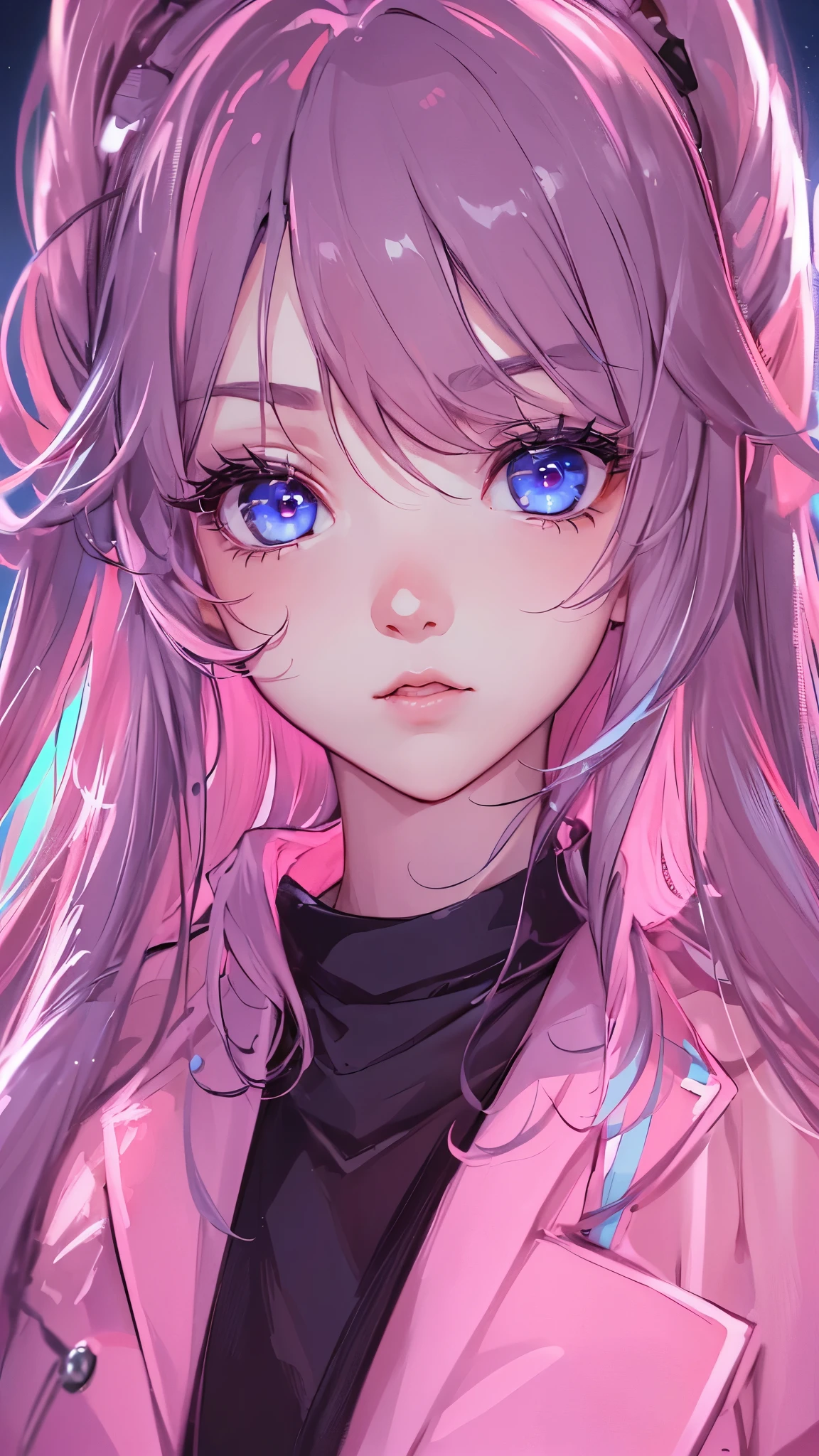 (Slightly above ,  portrait,  Watch viewers:1.5),  Illustration of ,  creative,  masterpiece,   8k Wallpaper,   are ridiculous,  top quality,  dynamic angle,   fine eyes ,  dreamy , Abstract art,  panorama,  cinematic writing ,  1 girl,  charming, delicate, (  black hair,  long hair,  hair between eyes:1.1), ( blue eyes), ( Pink Streaks , Blue Stripes:1.2),  side lock,  Crown Blade,  black and pink combination clothes,  girl with cute face ,  standing up , ( highly reflective eyes ),  eyes reflecting the city ,  very beautiful background , Dark Street, Busy night street, car road , lamp post,