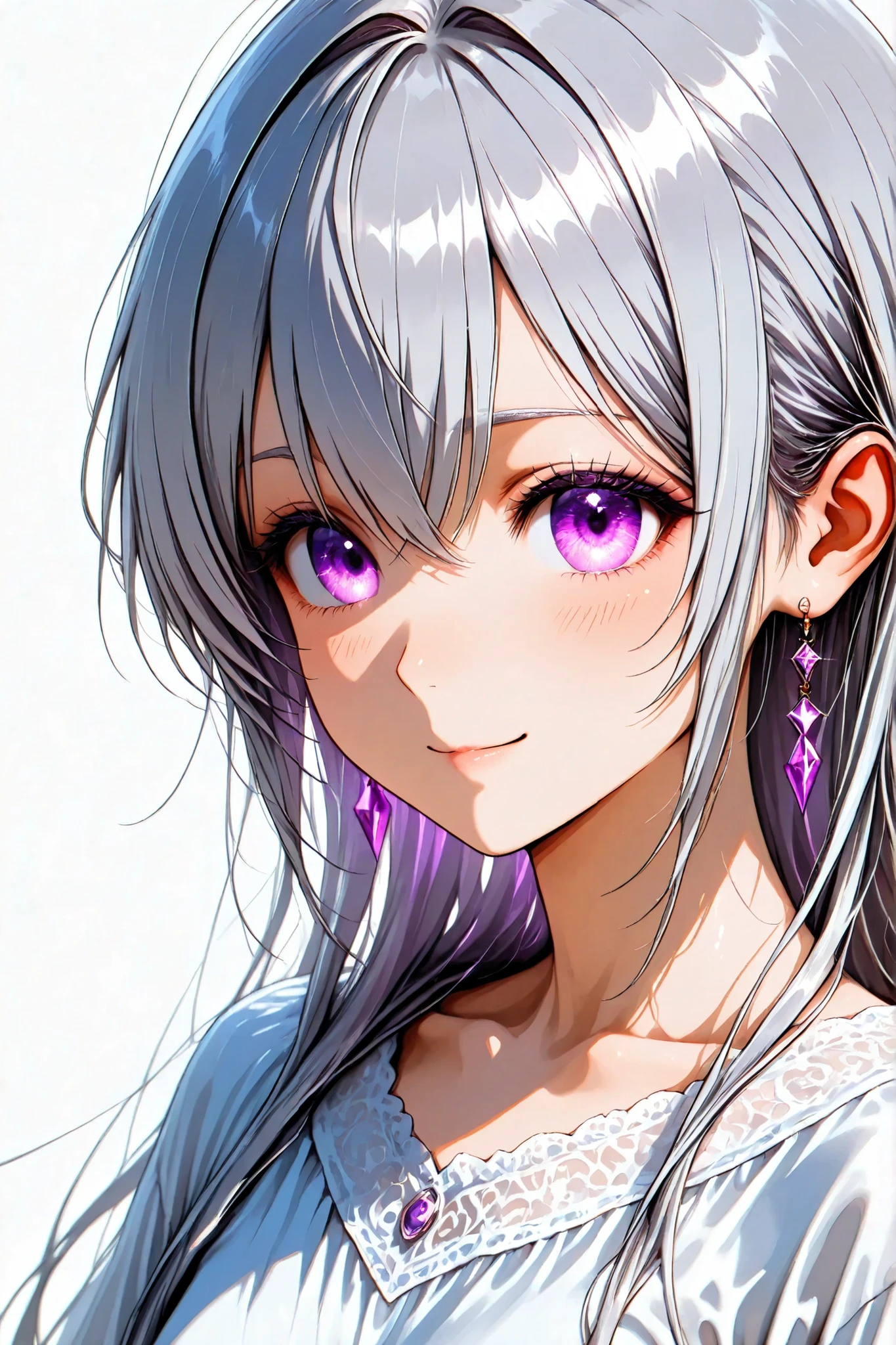 Silver hair. Young woman. Focus on the face. White background. Light and shadow effect. Gentle smile.