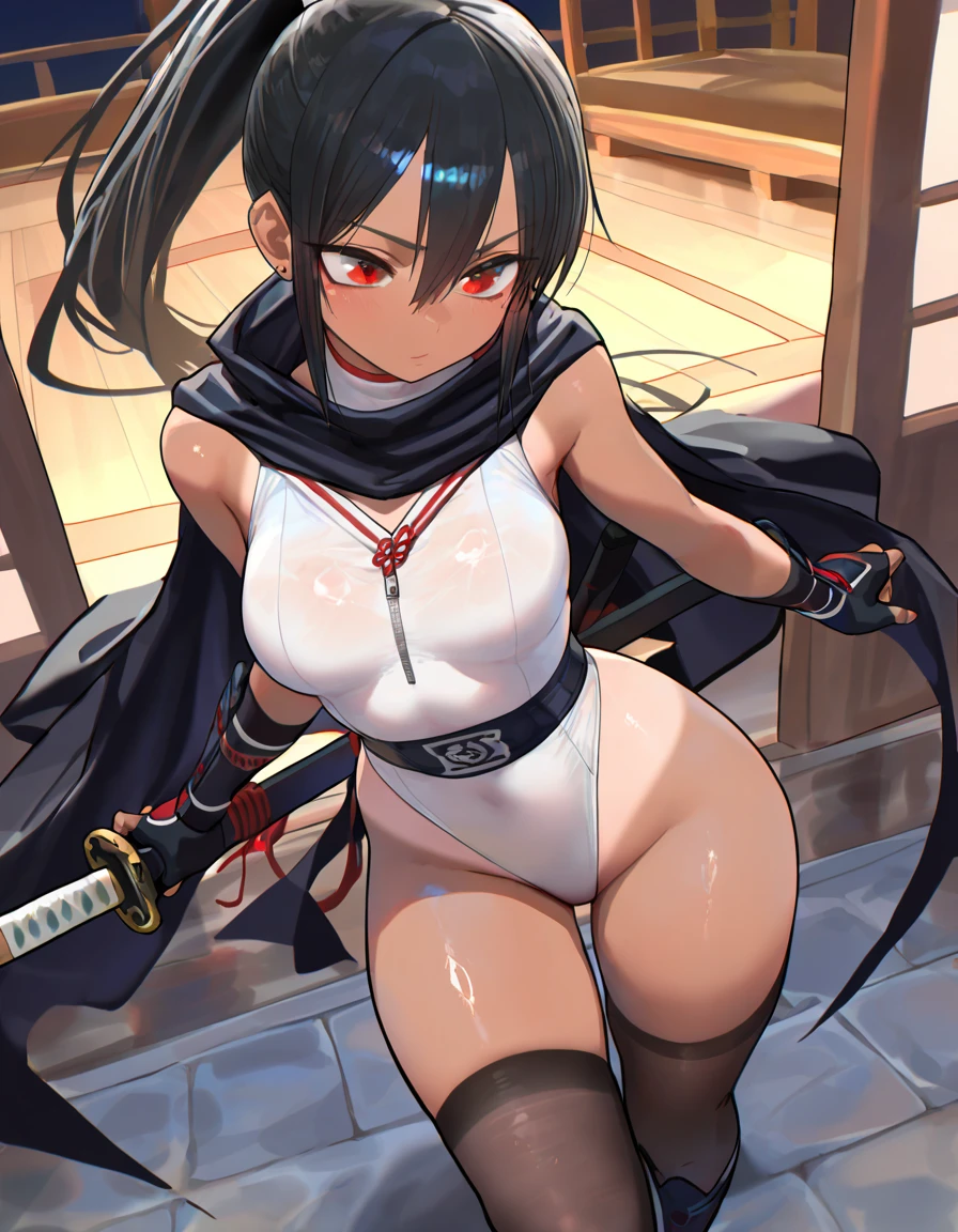 ((masterpiece,best quality anime,Highest quality:1.3)),realistic,cowboy shot,(30 year old beauty),Female ninja、1woman,独奏,((very small head:1.4)),((very long body:1.3)),black hair,bangs,(long ponytail hair),gorgeous big eyes,black eyes,smile,((tan skin:1.4)),((slender body:1.3,skinny)),medium breasts,gleaming skin,shiny skin,((black loincloth:1.3,Black tube top shirt、navel、Black leather gauntlets,black_thighhighs)),Holding a Japanese sword、sweat:1.3, f standing、On the roof、night、Temple、