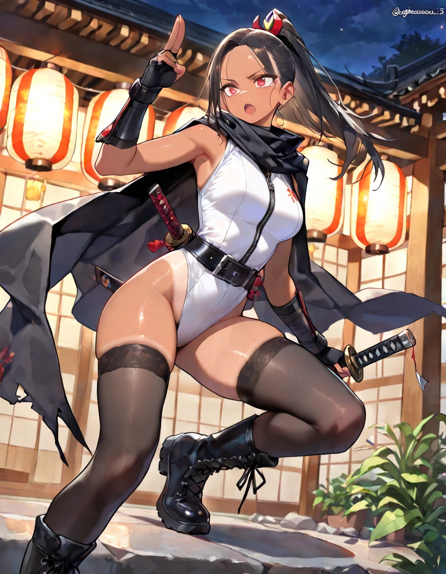 masterpiece, extra limbs,(1 child),10years old,(black shaggy cut), slant eyes, blank navy eyes, flat chest small nipples small areolas,pale white skin athlete skinny body,sullen,on one knee,(((clothed ninja:1.2))),(have a katana:1.2),((alley,midnight,fog))