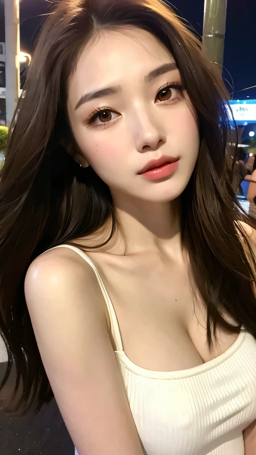 A girl's delicate facial features, exquisite makeup, selfie lifestyle photo focusing on the girl's beautiful chestnut hair