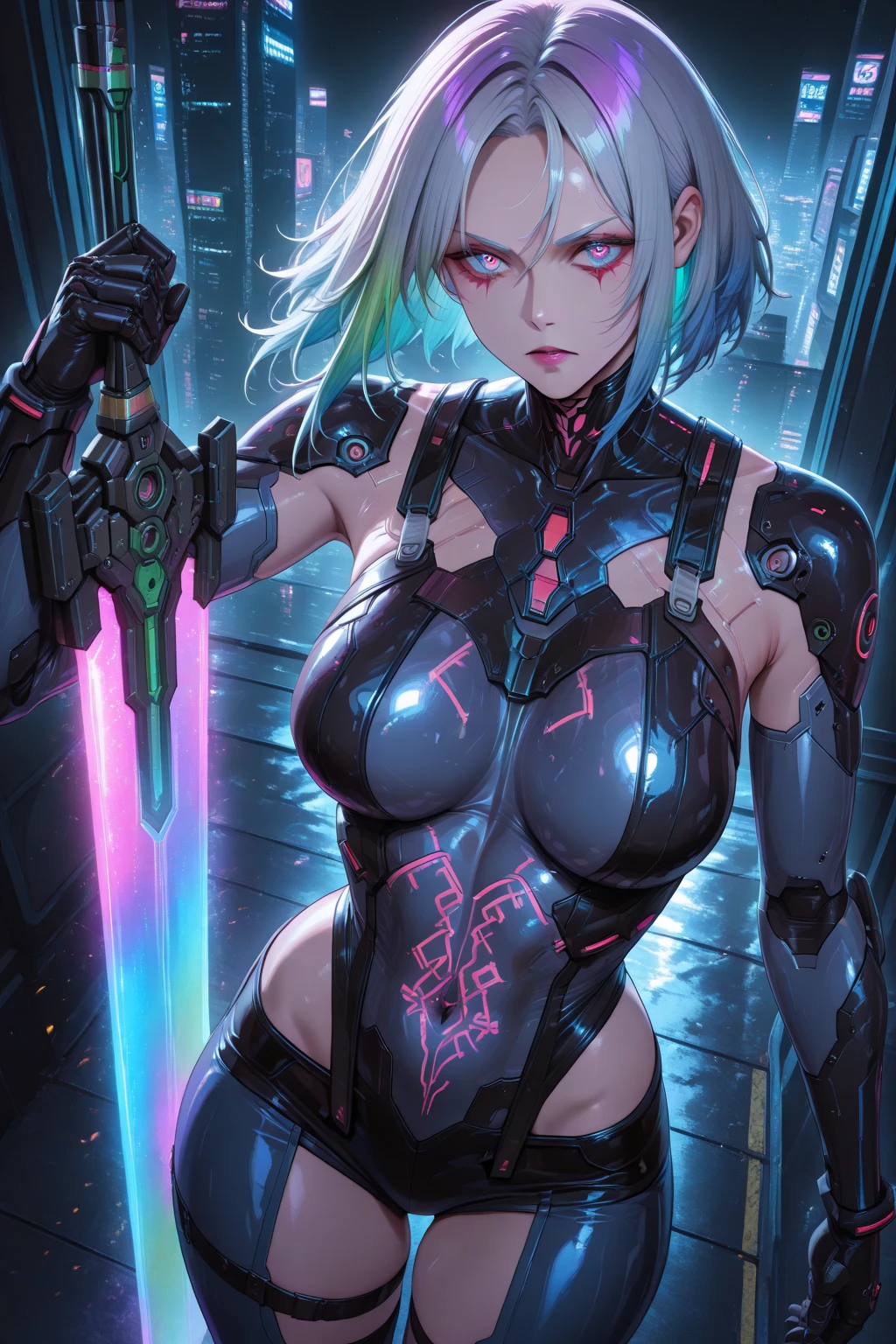 Luciwilde is a sexy cyborg with a entirely electric purple metallic body(obviously mechanical), metal helmet stylized as a fashion model hairdo (no hair visible), and a completely human face. She is flying through space propelled by jets in her feet. She has a guitar with a laser rifle built into it. Full body shot, show all of her, action pose with her weapon, best quality, extreme attention to detail, beautiful face